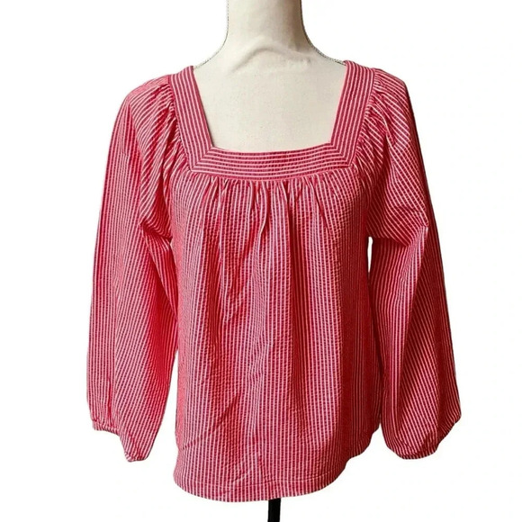 J.Crew Red White Striped Square Neck Seersucker Top Size M | Style AW133 - Picture 2 of 13